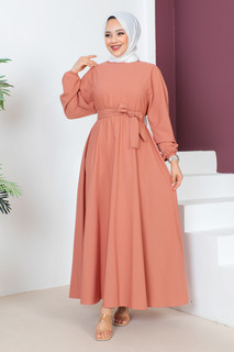 Платье с поясом на талии TSD230611 Лосось Tesettür Dünyası, розовый