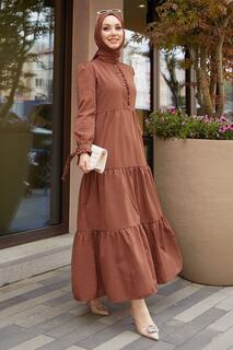 Платье с поясом и рюшами и клапанами на рукавах - горько-коричневый InStyle
