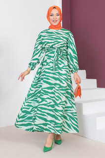 Платье с рисунком зебры TSD230624 Зеленый Tesettür Dünyası