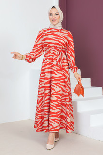 Платье с рисунком зебры TSD230624 Оранжевый Tesettür Dünyası