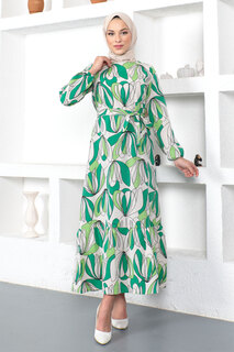 Платье с рисунком и юбкой с воланом Tsd230221 Зеленый Tesettür Dünyası