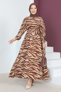 Платье с рисунком зебры TSD230624 Коричневое Tesettür Dünyası, коричневый