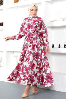 Платье с эластичной резинкой на талии с цветочным узором Tsd230223 Розовый Tesettür Dünyası