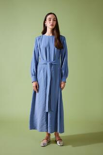 Платье стандартного кроя с круглым вырезом и длинными рукавами DeFacto, синий