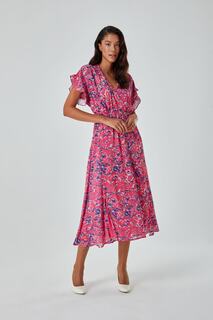 Платье цвета фуксии с короткими рукавами и красочным узором Mizalle, розовый