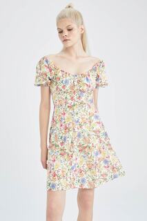 Экологичное мини-платье с U-образным вырезом и воздушными рукавами и цветочным принтом DeFacto, экрю