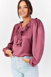 Женская эластичная хлопковая атласная блузка с воротником пыльной розы и оборками на плечах и присборенными рукавами armonika, розовый