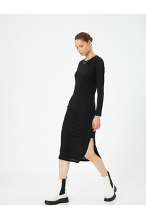 Платье-карандаш Базовое платье с длинными рукавами и круглым вырезом на подкладке с разрезом Koton, черный