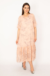 Женская юбка лососевого цвета большого размера и платье на подкладке из шифоновой ткани с воланами на рукавах Şans, розовый