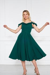 Ткань атлас, регулируемый ремень, оборка, подробный воротник, плиссированное расклешенное вечернее платье миди изумрудного цвета 421 lovebox, зеленый