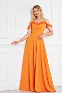 Ткань атлас, регулируемый ремень, оборка, детальный воротник, плиссированное расклешенное вечернее платье макси оранжевого цвета 421 lovebox, оранжевый