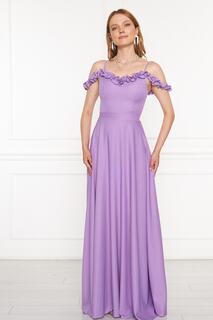 Ткань атлас, регулируемый ремень, оборка, подробный воротник, плиссированное расклешенное вечернее платье макси сиреневого цвета 421 lovebox, фиолетовый