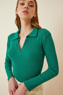 Женская ярко-зеленая трикотажная блузка с воротником-поло Happiness İstanbul, зеленый