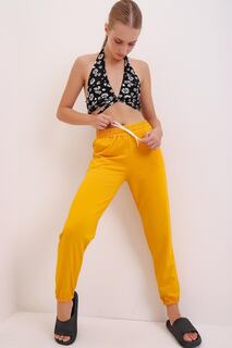 Женские базовые спортивные штаны горчичного цвета, двухниточные, с эластичной резинкой на талии и штанинах Trend Alaçatı Stili, желтый