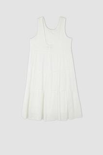 Платье-трапеция с круглым вырезом из вуали макси без рукавов с короткими рукавами DeFacto, белый