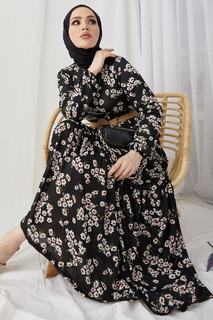 Платье-хиджаб Lesa с цветочным принтом и соломенным поясом - черный InStyle