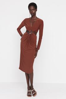 Элегантное вязаное вечернее платье с пряжкой цвета корицы Trendyol, коричневый