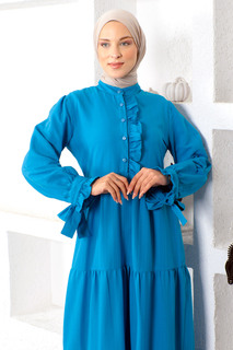 Платье-хиджаб с завязанными рукавами Tsd221207 Синий Tesettür Dünyası
