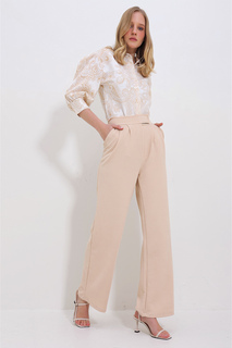 Женские бежевые брюки-палаццо с высокой талией и двойными карманами, плиссированные на кнопках, Trend Alaçatı Stili, бежевый