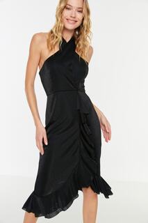 Элегантное вечернее платье черного цвета с блестящими воланами Trendyol, черный