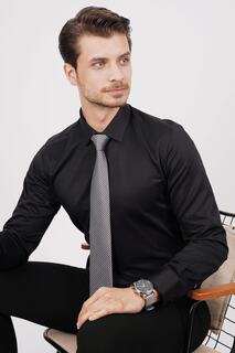 Комплект из рубашки и галстука (черно-серый галстук с рисунком и черная атласная рубашка узкого кроя в подарочной упаковке) Etikmen, черный