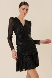 Плиссированное платье с двубортным воротником и люрексом, черное By Saygı, черный