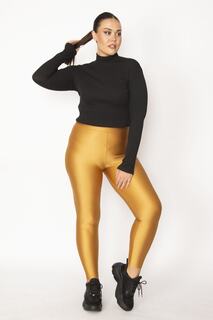 Женские блестящие колготки в стиле диско из спандекса большого размера золотого цвета с высокой талией 65n29869 Şans, желтый