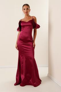 Веревочные ремни, низкие рукава, кружево сзади, длинное атласное платье на подкладке, сливовый By Saygı, фиолетовый