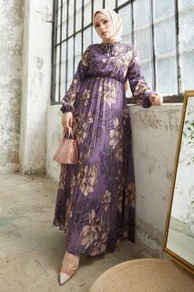 Плиссированное Шифоновое Платье-хиджаб Serena с Цветочным Узором - Фиолетовый InStyle