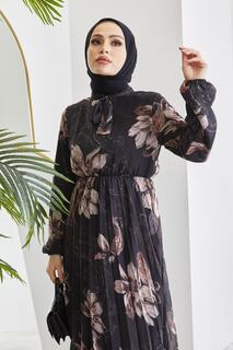 Плиссированное Шифоновое Платье-хиджаб Serena с Цветочным Узором - Черный InStyle