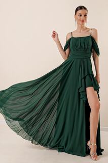 Веревочные ремни, низкие рукава, драпировка спереди, волан, разрезы по бокам спереди, длинное шифоновое платье на подкладке, изумрудный цвет By Saygı, зеленый