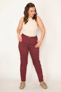 Женские брюки большого размера из бордово-красной лайкры и габардина с 5 карманами 65n32344 Şans, бордовый