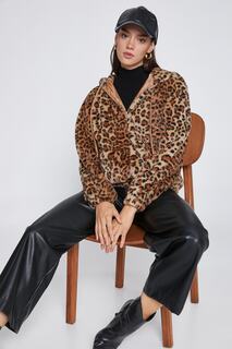 Плюшевая куртка с леопардовым узором и капюшоном Koton, коричневый