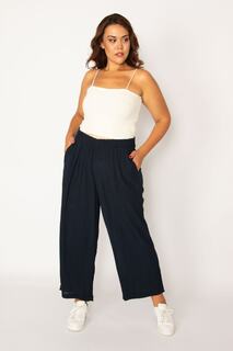 Женские брюки большого размера из вискозной крученой ткани темно-синего цвета с эластичными боковыми карманами на талии 65n33982 Şans, темно-синий