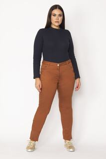 Женские брюки большого размера из лайкры и габардина цвета корицы с 5 карманами, 65n29235 Şans, коричневый
