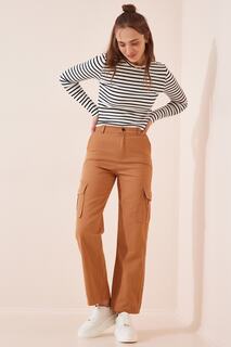 Женские брюки из габардина светло-коричневого цвета с карманами-карго и широкими штанинами Happiness İstanbul, коричневый