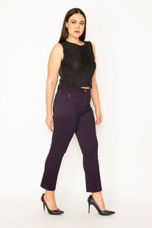 Женские брюки большого размера из ткани сливового цвета с декоративным карманом на молнии и передним швом, Şans, фиолетовый