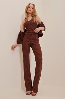 Женские брюки в коричневую полоску Trend Alaçatı Stili, коричневый