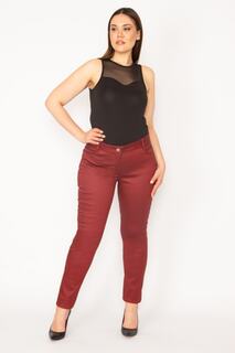 Женские брюки из лайкры с 5 карманами, большой размер, бордовый габардин с эффектом кожи и 5 карманами Şans