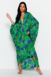 Пляжное платье макси с широким кроем и тропическим узором из тканой ткани со сборками Trendyol, разноцветный