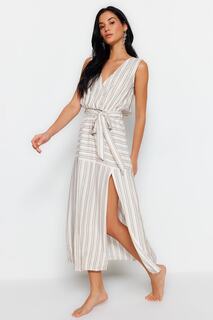 Пляжное платье миди в полоску с поясом и тканым разрезом Trendyol, разноцветный