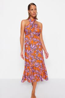 Пляжное платье миди с цветочным узором и перекрещенными завязками Trendyol, разноцветный