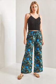Женские брюки с эластичной резинкой на талии и разноцветным цветочным узором Bianco Lucci, черный