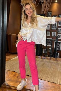 Женские брюки фуксии с пуговицами спереди и высокой талией, с эластичной резинкой на талии и поясом Trend Alaçatı Stili, розовый