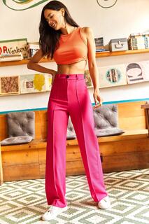 Женские брюки цвета фуксии с отделкой из атласной ткани Olalook, розовый