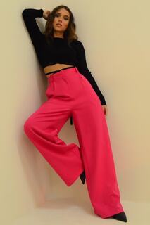 Женские брюки цвета фуксии с высокой талией и двойными карманами и вытачками из атласа-палаццо Trend Alaçatı Stili, розовый
