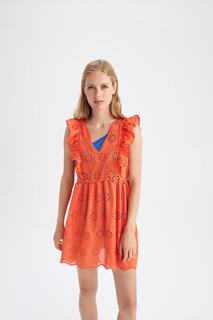 Пляжное платье стандартного кроя с вышивкой Fall In Love DeFacto, оранжевый