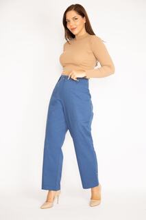 Женские брюки цвета индиго с передним карманом и пуговицами, регулируемые брюки из габардина с двойной длиной штанин 65n34888 Şans, темно-синий