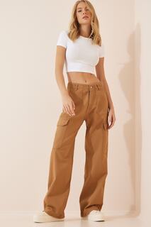 Женские брюки-карго светло-коричневого цвета с высокой талией прямого кроя Happiness İstanbul, коричневый