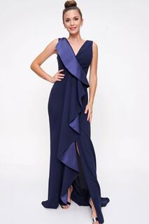 Вечернее платье из крепа с глубоким разрезом, темно-синее By Saygı, темно-синий